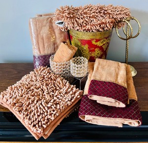 lot 94 image: Bathroom Decor  New Including Gold and Maroon Towels, Waste Bin, Towel Holder, Rugs by Croscill and More