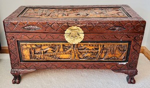 lot 108 image: Stunning Antique Chinese Carved Chest Camphor Wood