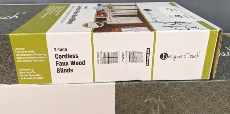 lot 45A image: 4 Brand New Designers Touch 2 Cordless Faux Wood Blinds 47 X 48 S