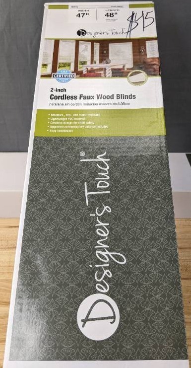 lot 63A image: 2 Brand New Designers Touch 2 Cordless Faux Wood Blinds 47 X 48 S