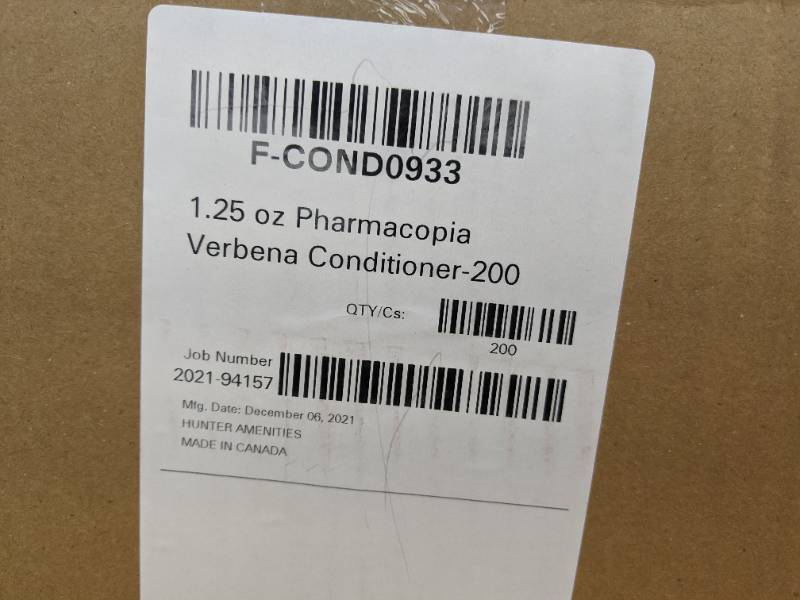 lot 41C image: Brand New Case of 200 Bottles of Pharmacopia Verbena Conditioner 1.25 fl oz S