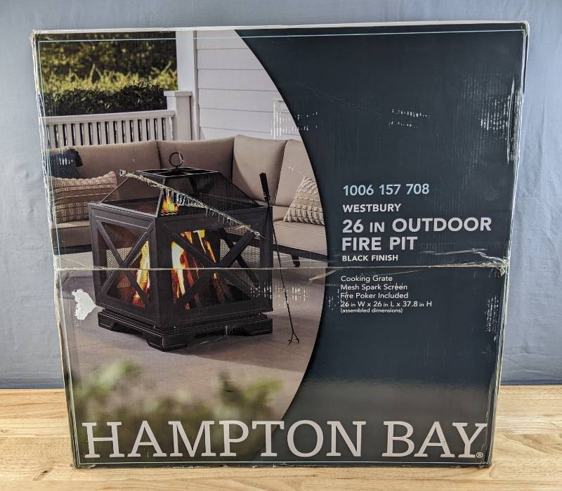 lot 16B image: Brand New Hampton Bay Westbury 26 in. W x 37.8 in. H Outdoor Square Wood Burning Black Fire Pit $349 Retail N