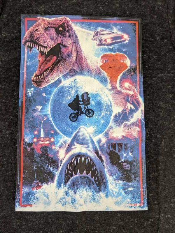 lot 162J image: Brand New Adult and Kids Unisex Universal Mineral Wash Fabric Ribbed Knit Collar Family Tee (Adult Large, Adult XS, Kids Medium) JAWS ET Jurassic Park L