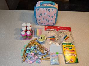 lot 401 image: Fun Items Bubbles Sidewalk Chalk Crayola Markers Unicorn Lunch Bag P