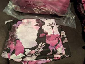lot 402 image: Sleepwell Inc Queen Size Comforter Two Pillow Shams Two Throw Pillows Purple Black White Pink P