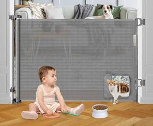 lot 40 image: New Stcockis Retractable Baby Gate with Cat Door Walk Through 55x 35 $69.75 Retail B