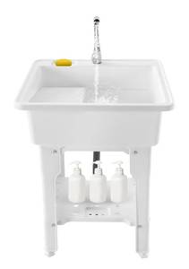 lot 58 image: New White Freestanding Plastic Laundry Sink with Cold & Hot Water Faucet $110 Retail B
