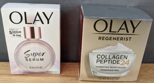 lot 15E image: Brand New Olay Super Serum 5 in 1 Benefit Face Serum and Olay Regenerist Collagen Peptide 24 Face Moisturizer $48 Retail O