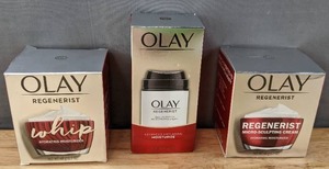 lot 23E image: Brand New Olay Regenerist Whip Fragrance Free Face Moisturizer, Olay Regenerist Deep Hydration Regenerating Cream Face Moisturizer, Olay Regenerist Micro-Sculpting Cream Face Moisturizer $68 Retail O