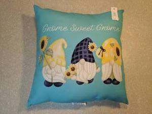lot 435 image: New Gnome Sweet Gnome Pillow Sunflowers on Back Blues Yellow Green 16x16 P