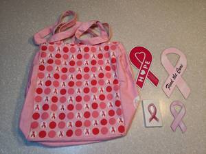 lot 440 image: New Breast Cancer Awareness Tote with Handles and Four Magnets Pink and White P