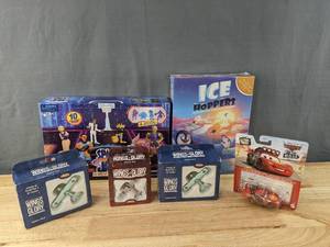lot 90C image: Brand New Wings of Glory Airplanes, Cars Lightening McQueen Car, Ice Hoppers Game and Space Jam Figurines F
