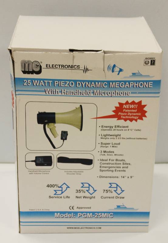 25 Watt Piezo Dynamic Megaphone, PCM 25MIC, 3 Modes Talk, Siren, Whistle. Shoulder Strap. Long Range 1 mile. New.