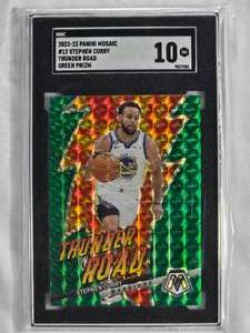 lot 3 image: 2022-23 Panini Mosaic #12 Stephen Curry Thunder Road Green Prizm SGC 10 Gem Mint