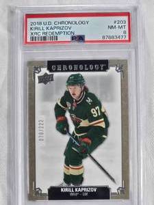 lot 7 image: Kirill Kaprizov Rookie Card 2018 Upper Deck Chronology #203 XRC Redemption PSA 8 Numbered 70222