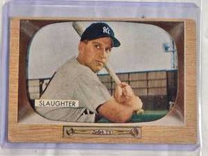 lot 29 image: Enos Slaughter 1955 Bowman Baseball Card #60 MLB Hall of Famer New York Yankees - Vintage Baseball Card