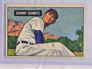 lot 33 image: Johnny Schmitz 1951 Bowman Baseball Card #69 Chicago Cubs - Vintage Baseball Card