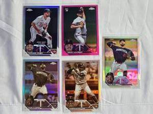 lot 39 image: Lot of 5 Topps Chrome Refractors Edouard Julien RC, Brent Headrick RC, Pablo Lopez, Donovan Solano
