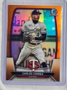 lot 41 image: Carlos Correa 2023 Bowman Chrome No. 85 Orange Refractor Serial Numbered 0725 Minnesota Twins