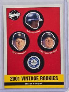 lot 58 image: Ichiro Suzuki 2001 Upper Deck Vintage Rookies #346 with Ryan Franklin & Ryan Christianson - Seattle Mariners