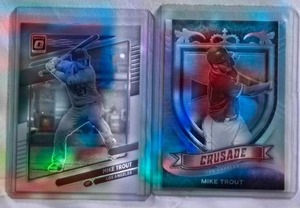 lot 64 image: Lot of 2 Mike Trout Refractors 2021 Panini Donruss Optic #174 & 2021 Panini Chronicles Crusade Prizm No. 19