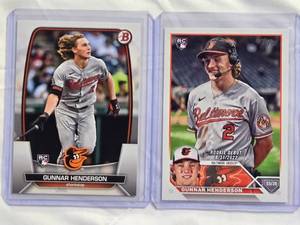lot 77 image: Lot of 2 Gunnar Henderson Rookie Cards 2023 Bowman #65 & Topps US18 Update Series