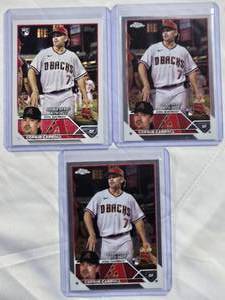 lot 85 image: Lot of 3 Corbin Carroll Rookie Debut Cards 2023 Topps US244 & 2023 Topps Chrome USC220