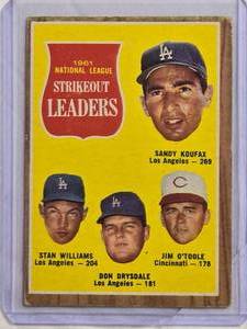 lot 115 image: 1961 National League Strikeout Leaders Sandy Koufax, Stan Williams, Don Drysdale, Jim OToole Topps #60 Vintage Baseball Card