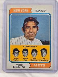 lot 142 image: Yogi Berra Manager with Coaches Rube Walker, Eddie Yost, Roy McMillan, Joe Pignatano New York Mets 1974 Topps #179
