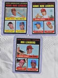 lot 157 image: Lot of 3 Sequential - 1970 NL Home Run Leaders with Johnny Bench #66, 1970 AL Home Run Leaders with Harmon Killebrew #65, 1970 NL RBI Leaders with Johnny Bench #64