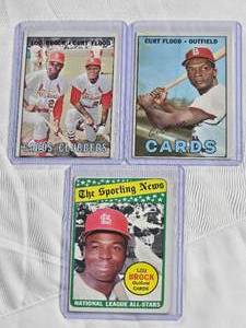 lot 159 image: Lot of 3 Vintage St. Louis Cardinals - Curt Flood 1967 #245, Lou Brock The Sporting News #428, Cards Clubbers Lou Brock and Curt Flood #63