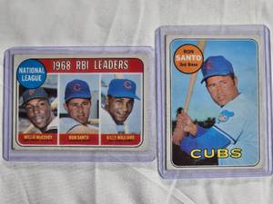 lot 165 image: Lot of 2 with Ron Santo - 1969 Topps #570 & 1968 National League RBI Leaders with Willie McGovey & Billy Williams - Vintage Baseball Card