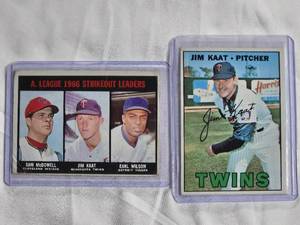 lot 166 image: Lot of 2 Jim Kaat - 1967 Topps #300 & A. League 1966 Strikeout Leaders with Sam McDowell, Earl Wilson - Vintage Minnesota Twins Card