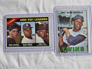 lot 167 image: Lot of 2 with Tony Oliva - 1967 Topps #50 & 1965 A. League RBI Leaders with Rocky Colavito, Willie Horton #220 - Vintage Minnesota Twins Card