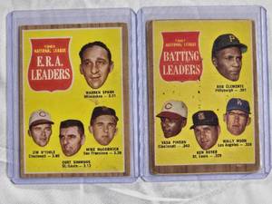 lot 170 image: Lot of 2 Vintage Baseball Cards 1961 N.L. Batting Leaders Topps #52 with Bob Clemente, 1961 National League ERA Leaders Topps #56 with Warren Spahn