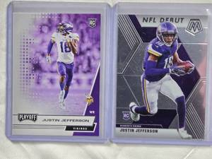lot 240 image: Lot of 2 Justin Jefferson Rookie Cards - 2020 Panini Mosaic #270 & 2020 Panini Playoff #213