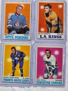lot 298 image: Lot of 4 Vintage 1970 Topps Hockey Cards George Armstrong, Paul Popiel, Ron Schock, Gilles Marotte