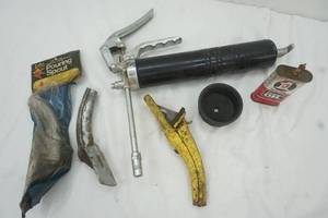 lot 177 image: Grease gun, spouts, etc.