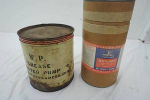 lot 185 image: US Army 10 lbs. grease, Red Dot gun powder canister