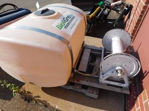 lot 15 image: 150 Gallon Frame Mounted Liquid Storage Container w Hose Reel