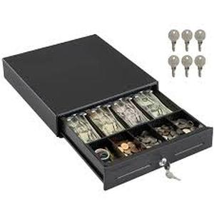 lot 25 image: Volcora 13 Cash Register Drawer for Point of Sale (POS) System with Fully Removable 2 Tier Cash Tray, 4 Bill5 Coin, 24V, RJ11RJ12 Key-Lock, Double Media Slot, Small Money Drawer, Black