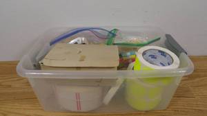 lot 100 image: Bin of Stickers and Labels-Great for Garage Sale Flea Markets