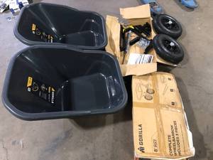 Lot of Gorilla 8 cu. ft. Dual-Wheel Wheelbarrow, Pro-Grade Poly Bucket, Steel Handles, Dual 16 in. Pneumatic Wheels, Easy-Dump Design Missing Pieces Customer Returns See Pictures