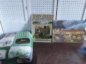 lot 43 image: 2-John Deere Metal Signs (16x12) & Hand Tied Fleece Blanket (56x60)