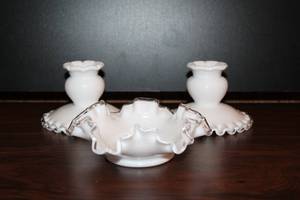 Fenton Silver Crest Milk Glass Bowl & Candlesticks