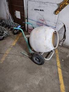 lot 72C image: Push cement mixer with electric motor motor starts & mixer turns