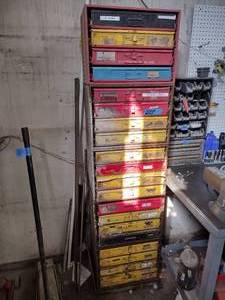 lot 203A image: (5) Stackable Bearing Slide Large Metal Storage Rack Cabinets with (4) multi-sectioned metal boxes in each cabinet, Parts included.