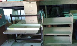 lot 518 image: Metal Book Rack, Media Stands (2) and 2 Drawer File Cabinet.