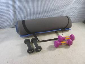 lot 34 image: (EC1) Yoga Mat and 2 Pair of Hand Weights