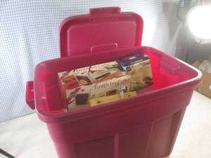 lot 52 image: (G-1) Tote with Lid Full of Kitchen - Peeler, French Fry Cutter Etc
